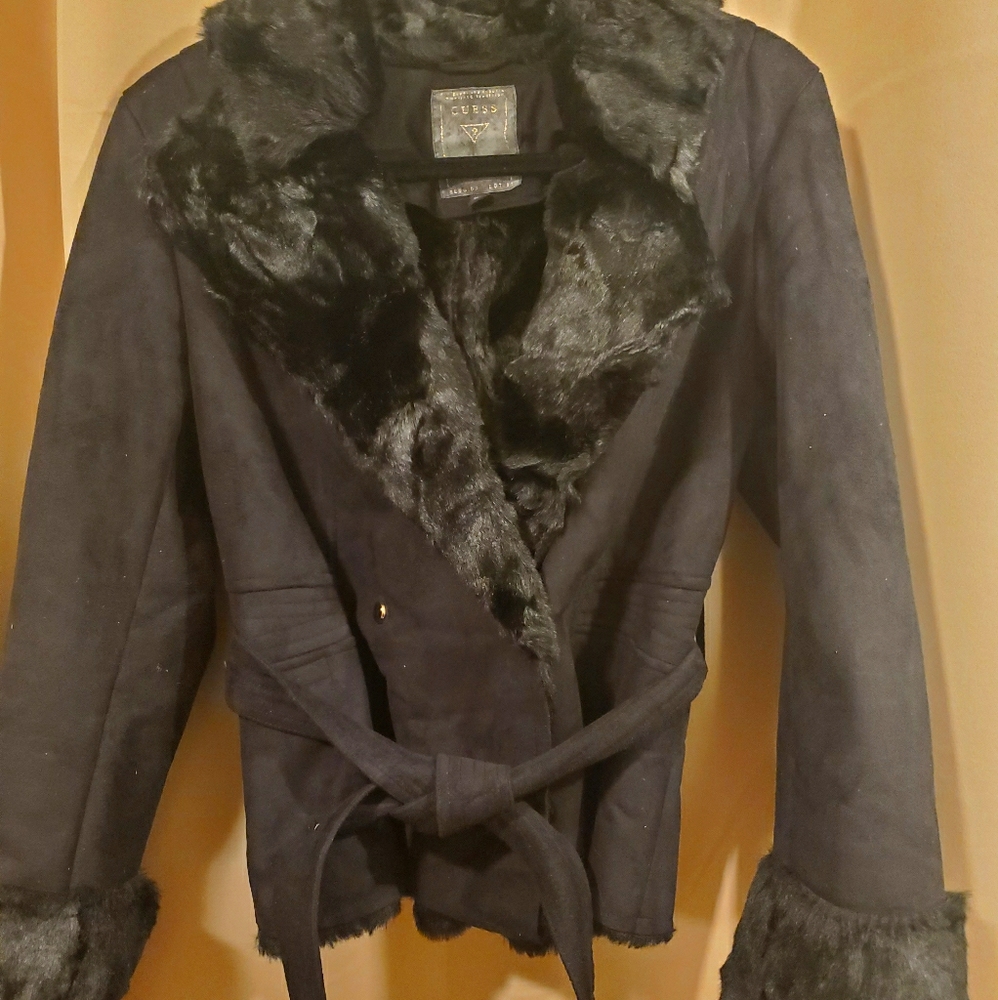 Guess faux fur Black coat w/ hidden inside pocket